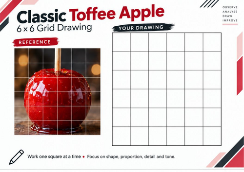 Classic Toffee Apple Grid Drawing Worksheet | Autumn Art Activity | KS3 & KS4