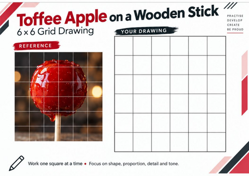 Toffee Apple on a Wooden Stick Grid Drawing Worksheet | KS3 & KS4 Art