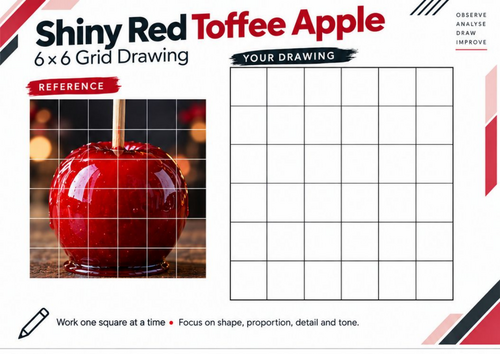 Shiny Red Toffee Apple Grid Drawing Worksheet | Observational Drawing | KS3 & KS4