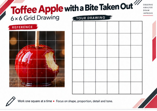 Bitten Toffee Apple Grid Drawing Worksheet | Autumn Observational Art | KS3 & KS4