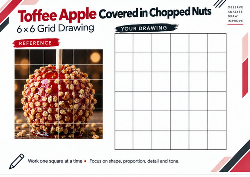 Toffee Apple with Chopped Nuts Grid Drawing Worksheet | Texture Drawing | KS3 & KS4