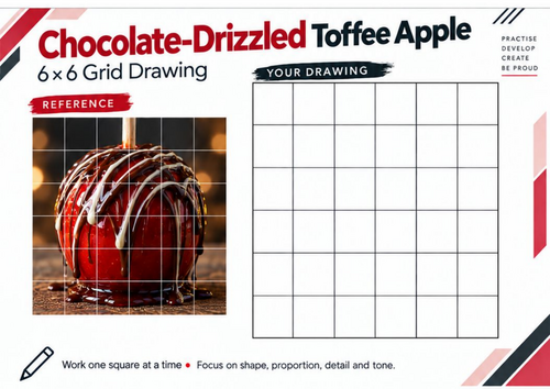Chocolate-Drizzled Toffee Apple Grid Drawing Worksheet | KS3 & KS4 Art