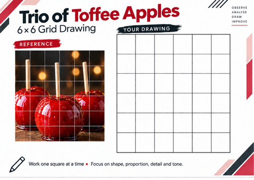 Trio of Toffee Apples Grid Drawing Worksheet | Still Life Art | KS3 & KS4