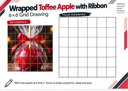 Wrapped Toffee Apple with Ribbon Grid Drawing Worksheet | KS3 & KS4 Art