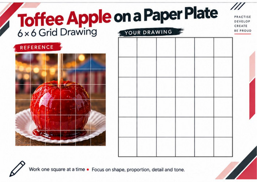 Toffee Apple on a Paper Plate Grid Drawing Worksheet | Still Life | KS3 & KS4