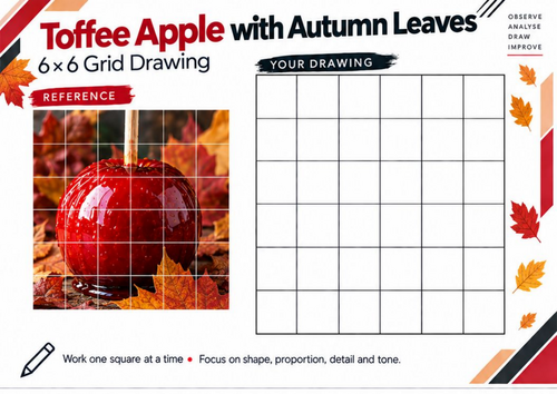 Toffee Apple with Autumn Leaves Grid Drawing Worksheet | Autumn Art | KS3 & KS4
