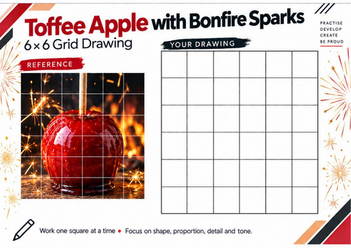 Toffee Apple with Bonfire Sparks Grid Drawing Worksheet | Bonfire Night Art | KS3 & KS4