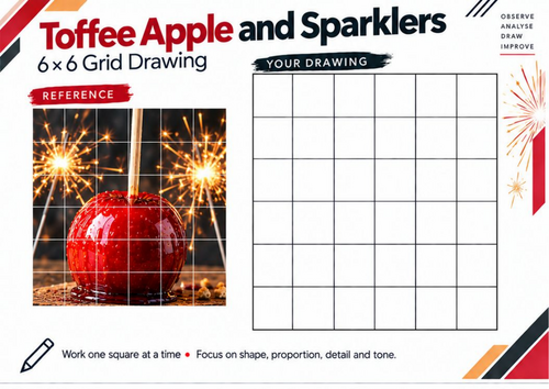 Toffee Apple and Sparklers Grid Drawing Worksheet | Bonfire Night Art | KS3 & KS4