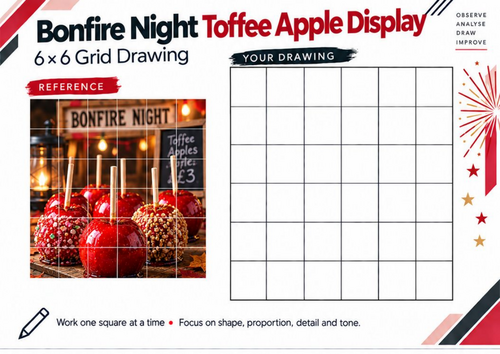 Bonfire Night Toffee Apple Display Grid Drawing Worksheet | KS3 & KS4 Art