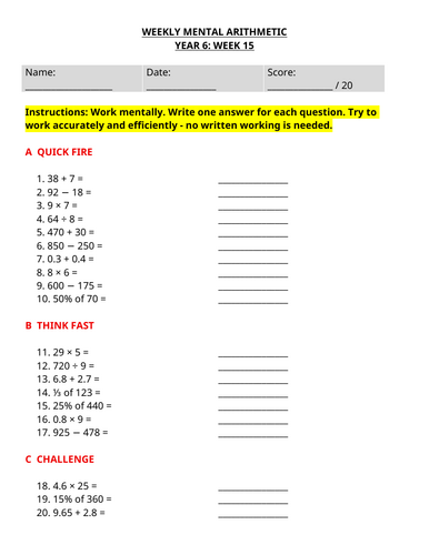 Year 6 Weekly Mental Maths - Mental Arithmetic Worksheet | Week 15