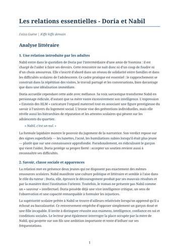 Kiffe kiffe demain – Faïza Guène – Key Relationships: Doria and Nabil