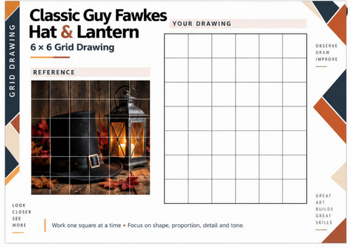 Guy Fawkes Hat and Lantern Grid Drawing Worksheet | Bonfire Night Art | KS3 KS4