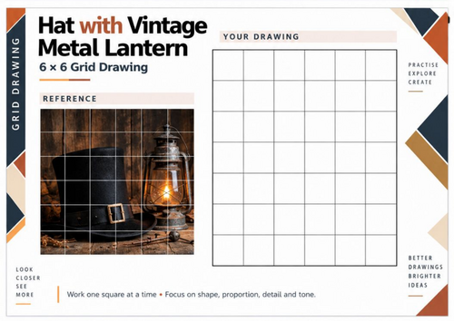 Vintage Lantern and Guy Fawkes Hat Grid Drawing Worksheet | Bonfire Night Art | KS3 KS4