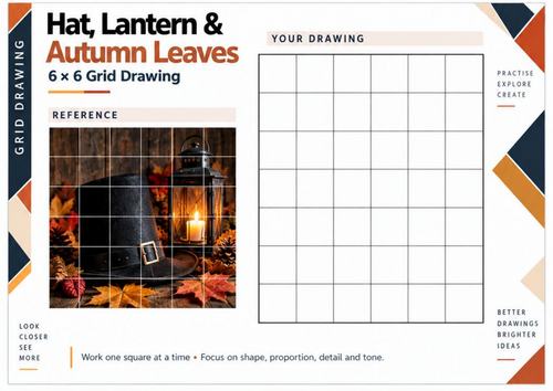 Guy Fawkes Hat Lantern and Autumn Leaves Grid Drawing Worksheet | KS3 KS4 Art