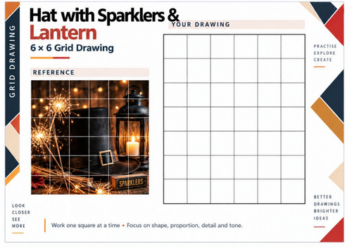 Bonfire Night Sparklers and Lantern Grid Drawing Worksheet | KS3 KS4 Art