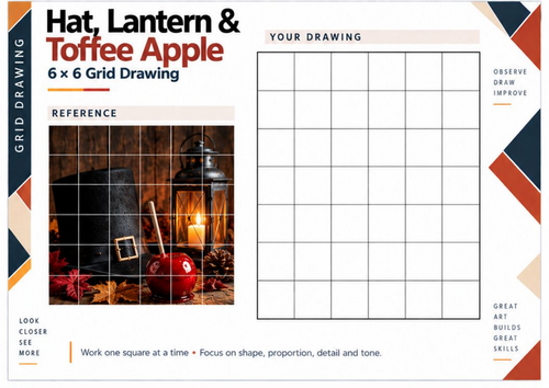 Bonfire Night Toffee Apple Grid Drawing Worksheet | Guy Fawkes Still Life | KS3 KS4