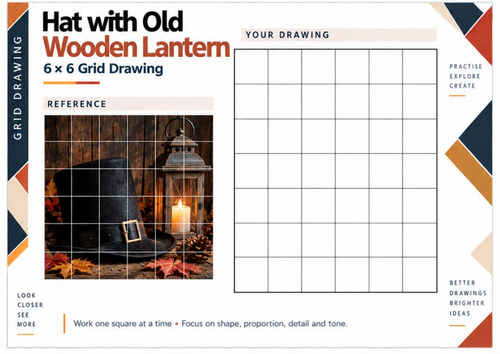 Old Wooden Lantern and Guy Fawkes Hat Grid Drawing Worksheet | KS3 KS4 Art