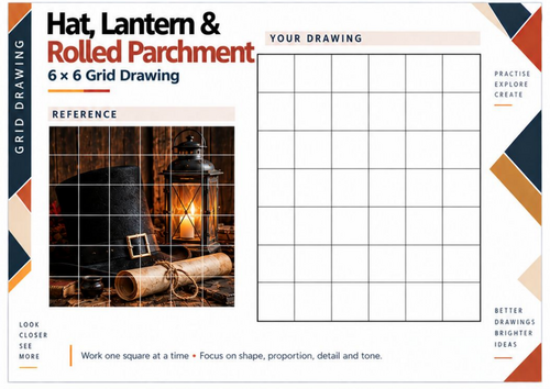 Guy Fawkes Parchment and Lantern Grid Drawing Worksheet | Bonfire Night Art | KS3 KS4