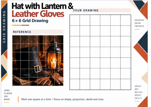 Guy Fawkes Hat Leather Gloves and Lantern Grid Drawing Worksheet | KS3 KS4 Art