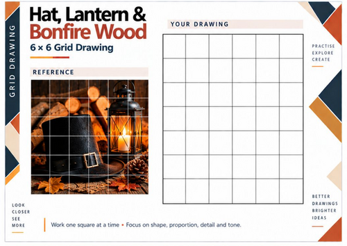 Bonfire Wood and Guy Fawkes Lantern Grid Drawing Worksheet | KS3 KS4 Art