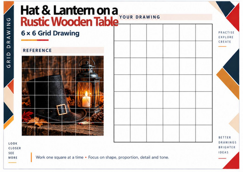 Rustic Guy Fawkes Hat and Lantern Grid Drawing Worksheet | Still Life Art | KS3 KS4
