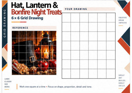 Bonfire Night Treats and Guy Fawkes Hat Grid Drawing Worksheet | KS3 KS4 Art