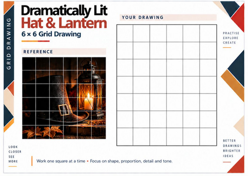 Dramatic Lighting Guy Fawkes Hat and Lantern Grid Drawing Worksheet | KS3 KS4