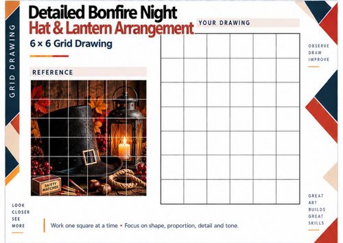 Detailed Bonfire Night Still Life Grid Drawing Worksheet | Guy Fawkes Art | KS3 KS4