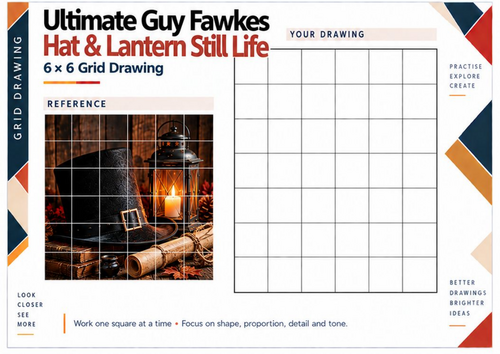Ultimate Guy Fawkes Still Life Grid Drawing Worksheet | Bonfire Night Art | KS3 KS4