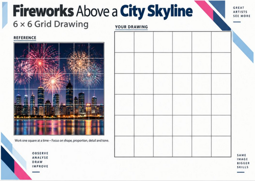Fireworks Above a City Skyline | Grid Drawing Worksheet | KS3 & KS4 Art