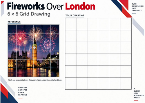 Fireworks Over London | Big Ben Grid Drawing Worksheet | KS3 & KS4 Art