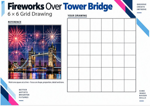 Fireworks Over Tower Bridge | Grid Drawing Worksheet | KS3 & KS4 Art