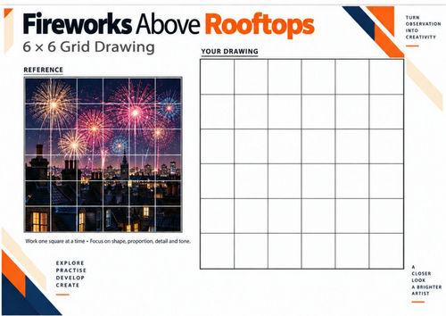 Fireworks Above Rooftops | Cityscape Grid Drawing Worksheet | KS3 & KS4