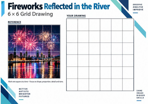 Fireworks Reflected in the River | Grid Drawing Worksheet | KS3 & KS4 Art