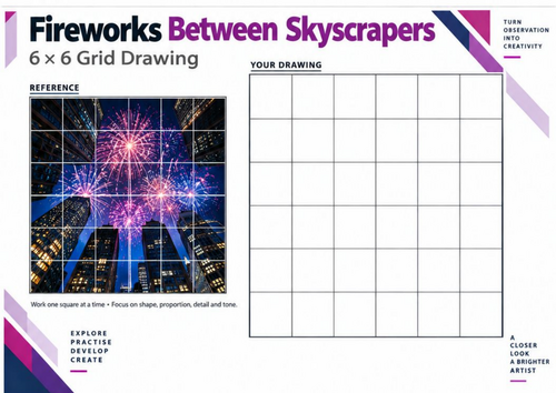Fireworks Between Skyscrapers | Perspective Grid Drawing Worksheet | KS3 & KS4