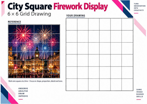 City Square Firework Display | Grid Drawing Worksheet | KS3 & KS4 Art