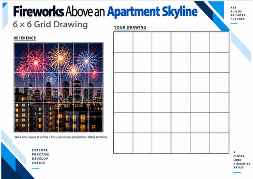 Fireworks Above an Apartment Skyline | Grid Drawing Worksheet | KS3 & KS4