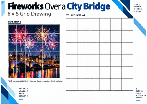 Fireworks Over a City Bridge | Grid Drawing Worksheet | KS3 & KS4 Art