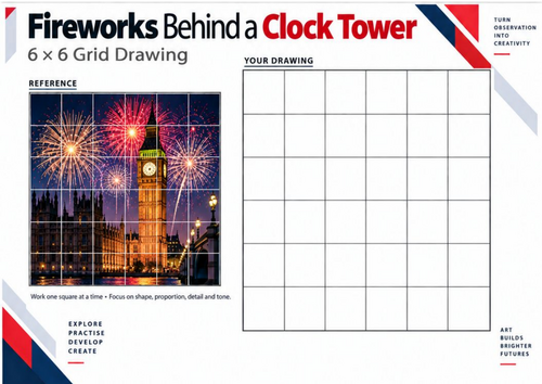 Fireworks Behind a Clock Tower | Grid Drawing Worksheet | KS3 & KS4 Art