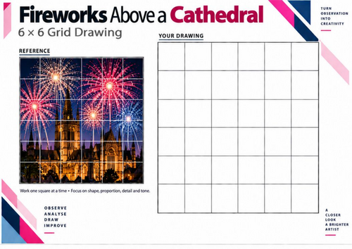 Fireworks Above a Cathedral | Architecture Grid Drawing Worksheet | KS3 & KS4