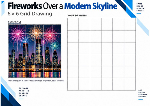 Fireworks Over a Modern Skyline | Grid Drawing Worksheet | KS3 & KS4 Art