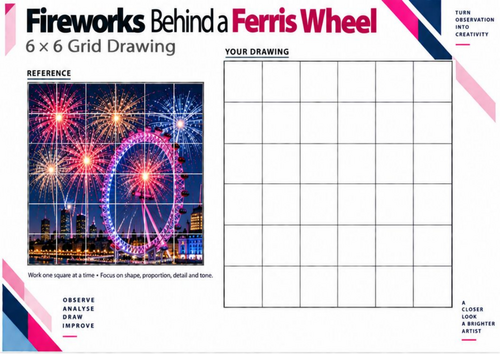 Fireworks Behind a Ferris Wheel | Grid Drawing Worksheet | KS3 & KS4 Art