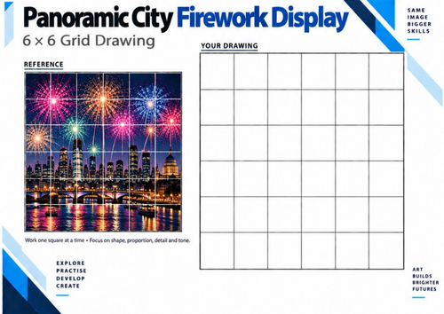 Panoramic City Firework Display | Grid Drawing Worksheet | KS3 & KS4 Art