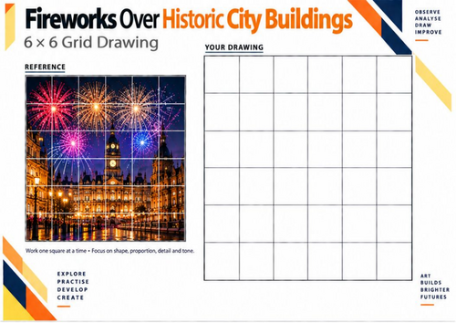 Fireworks Over Historic City Buildings | Grid Drawing Worksheet | KS3 & KS4