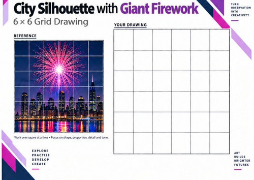 City Silhouette with Giant Firework | Grid Drawing Worksheet | KS3 & KS4
