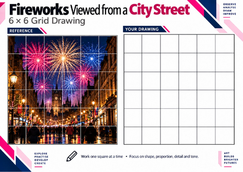 Fireworks Viewed from a City Street | Perspective Grid Drawing Worksheet | KS3 & KS4
