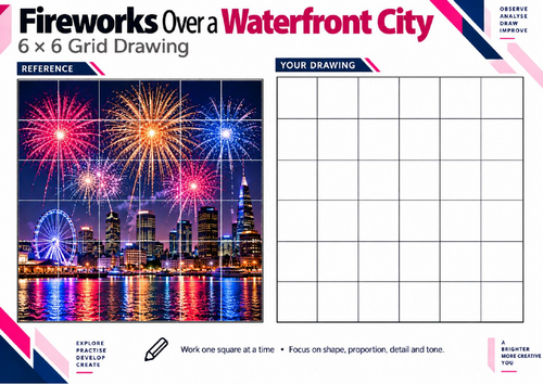Fireworks Over a Waterfront City | Grid Drawing Worksheet | KS3 & KS4 Art