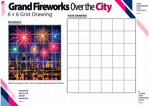 Grand Fireworks Over the City | Grid Drawing Worksheet | KS3 & KS4 Art