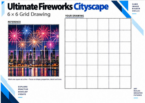Ultimate Fireworks Cityscape | Grid Drawing Worksheet | KS3 & KS4 Art