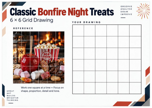 Classic Bonfire Night Treats Grid Drawing Worksheet | KS3 & KS4 Art